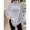 Women's Winter High Collar Asymmetric Hem Cape Sweater, Button Decoration Bat Sleeve Fried Dough Twists Weave Texture