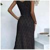 Beige Crochet Knit Maxi Dress V Neck Sleeveless Side Slit Beach Cover Up Dress