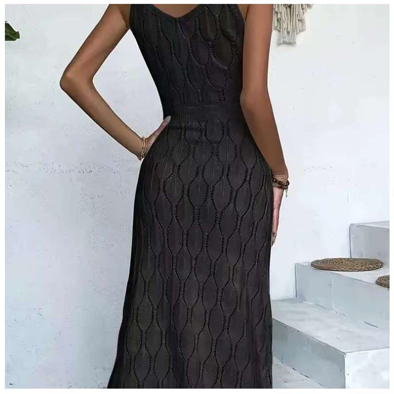 Beige Crochet Knit Maxi Dress V Neck Sleeveless Side Slit Beach Cover Up Dress