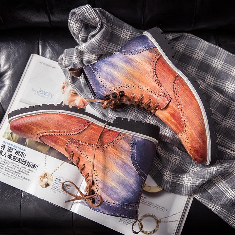 Neue Herbst- und Wintermode Retro gravierte Übergröße Lässige High-Top Lederstiefel Lokomotiv-Herrenstiefel Arbeitsstiefel