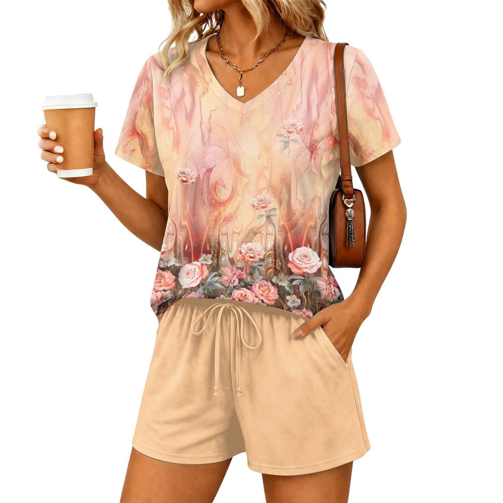 Women Two Piece Set V Neck Short Sleeve Top with Floral Print and Elastic Waist Drawstring Shorts Casual Lounge Wear