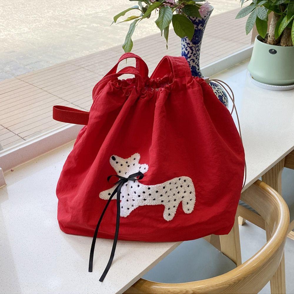 Puppy Embroidery Drawstring Shoulder Bag Bow Spotted Women's Handbag Casual Canvas Tote Bag  Beach
