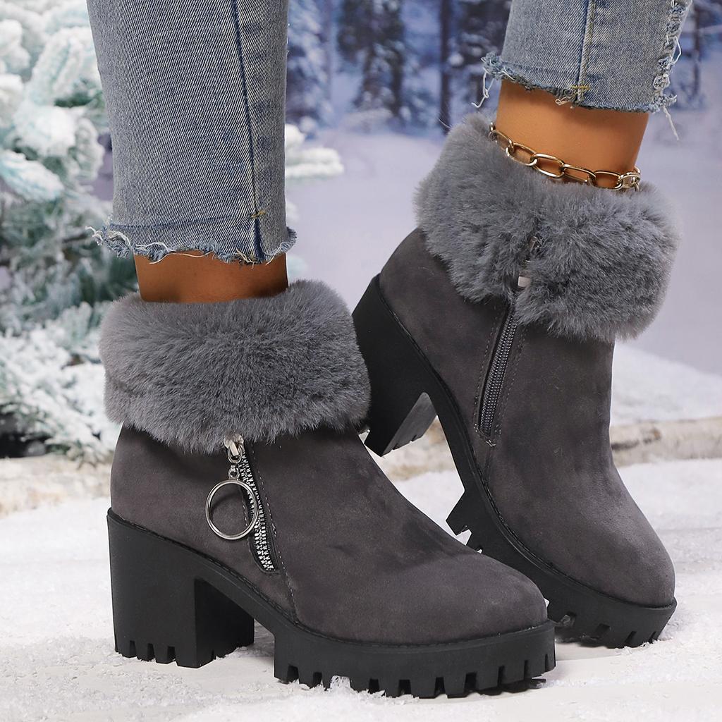Fashion Faux Fur Chunky Heeled Ankle Boots Women 2024 Winter Thicken Warm Plush Snow Boots Woman Zipper High Heels Platform Botas Mujer