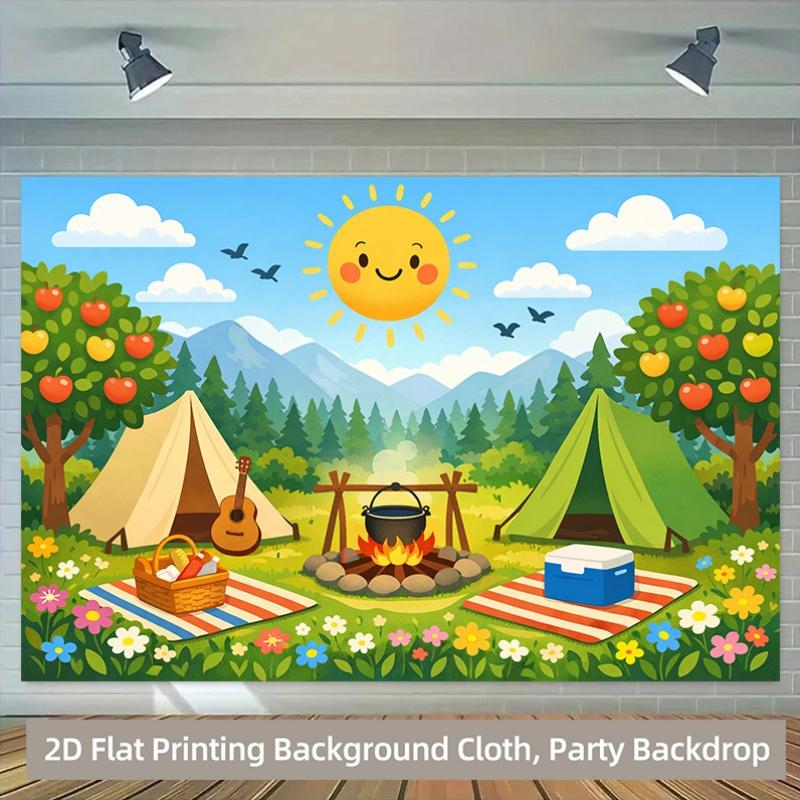 2D flat banner 1 piece. Camping scene with bright sunshine warm and natural polyester background fabric. A banner. 100x150cm