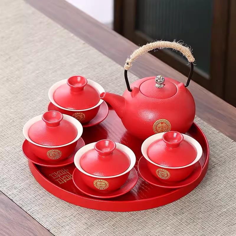 Red Tea Set Cover Bowl Set, One Pot, New Couple's Wedding Change of Mouth, Tea Cup, Chinese Wedding Celebration
