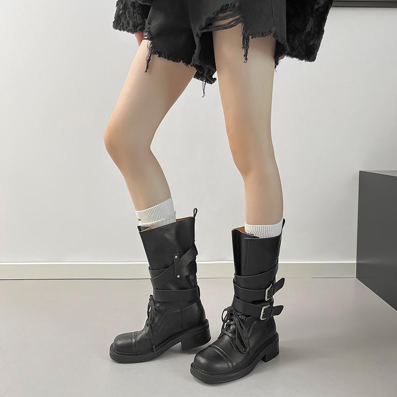 Cowhide version retro British Martin boots women's new thick heel belt buckle short boots thin locomotive boots versatile single boots