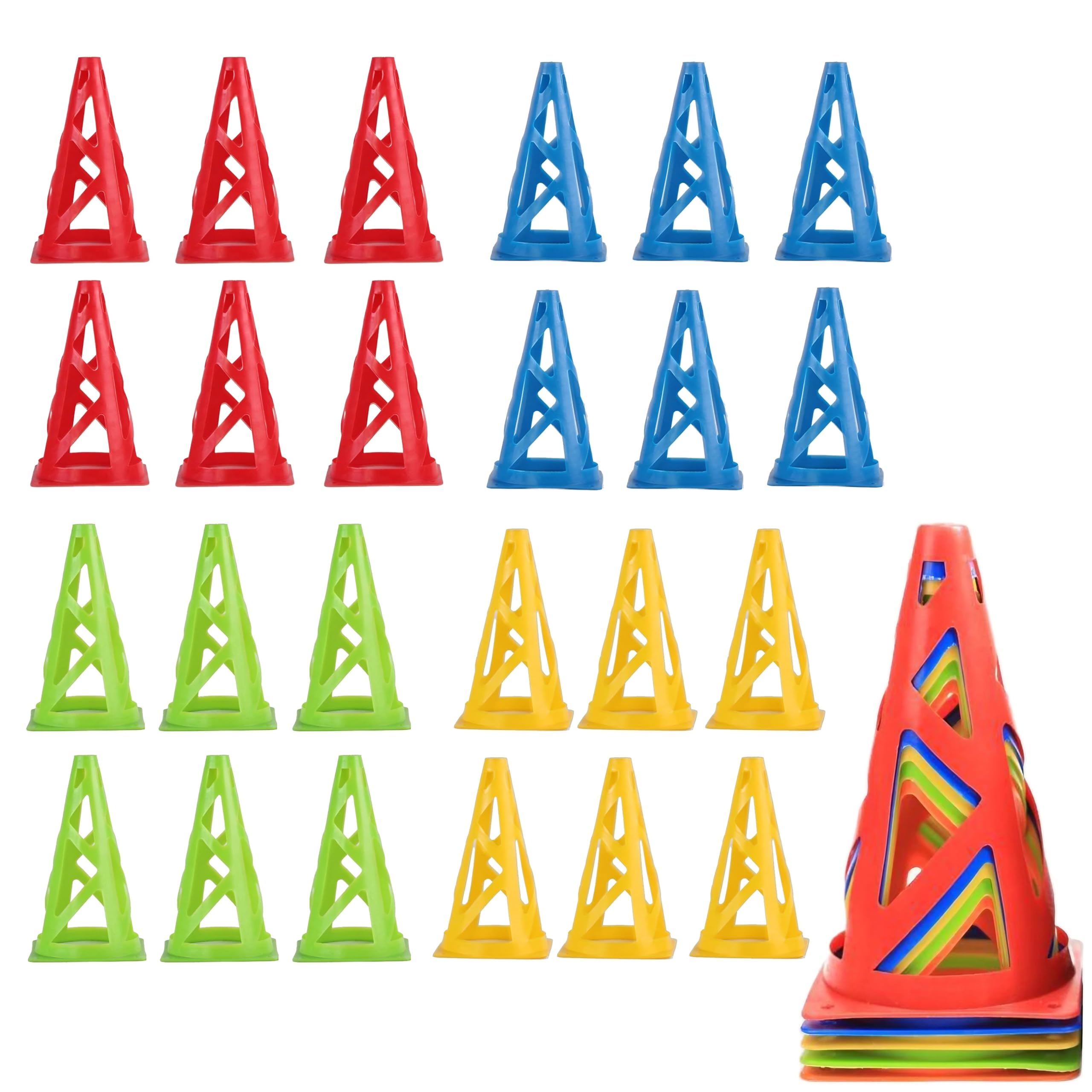 

East Leaf Mini Traffic Cones, Lightweight and Unbreakable, 23cm, 4 Colors, with Mesh (24 Cones (4 Colors x 6 Packs))