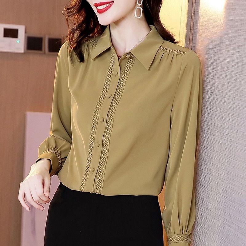 WTEMPO Long-sleeved Chiffon Shirt Women Spring and Autumn Fashion Bottom Shirt Female Temperament Shirt Solid Color Cardigan Top