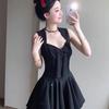 French Retro Style Bow Black V-neck Sleeveless Pleated Short Skirt Annual High-end Temperament Dress