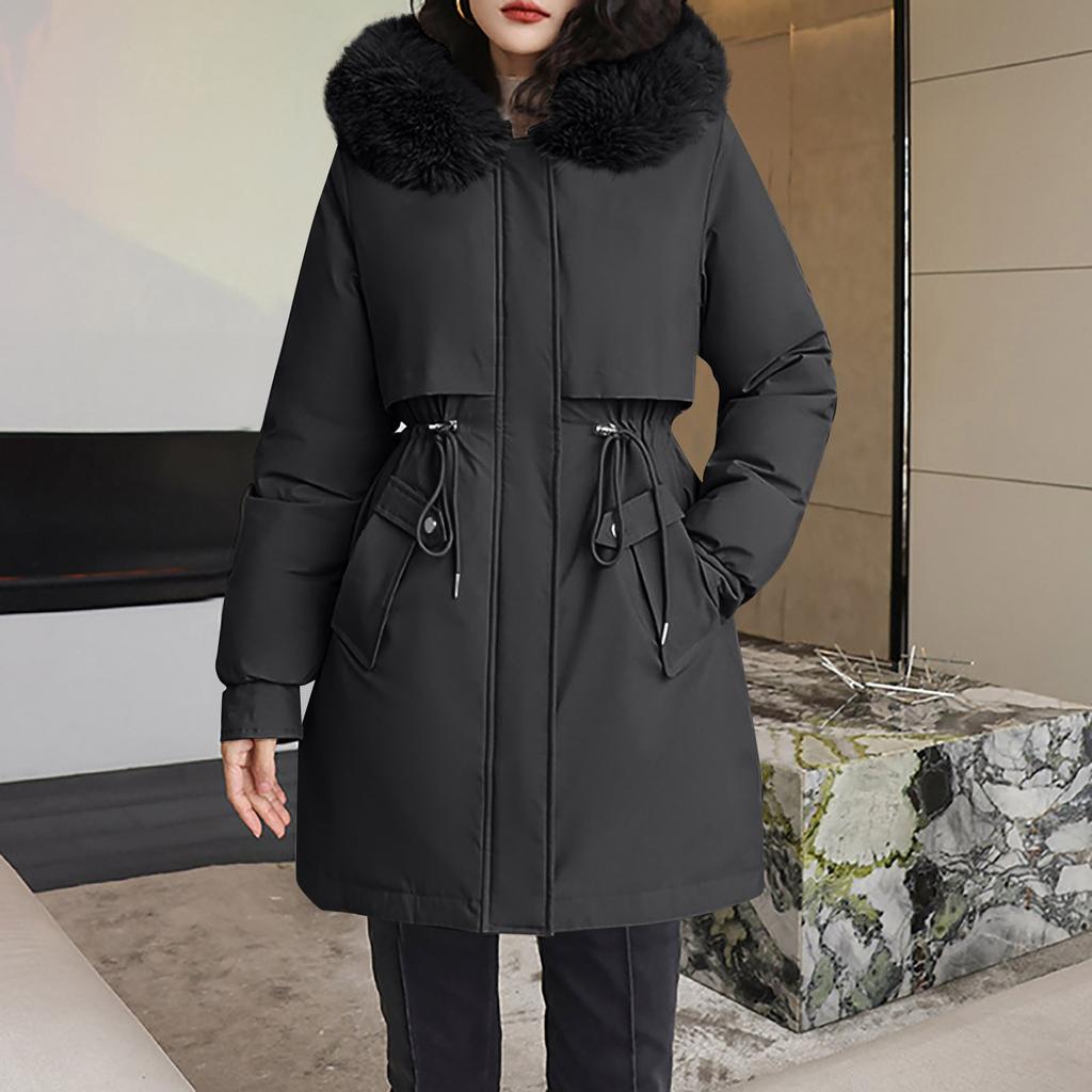 Damemote Uformell Ensfarget hette med plysj, middels lang langermet jakke med glidelåsknapp i bomull