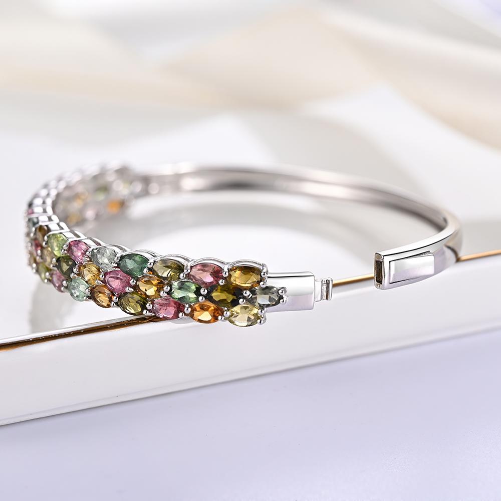 Natural Multi-Tourmaline Silver Bangle S925 Silver Fine Jewelry with Colorful Real Gemstones Fine Jewlery for Women Nice Gift