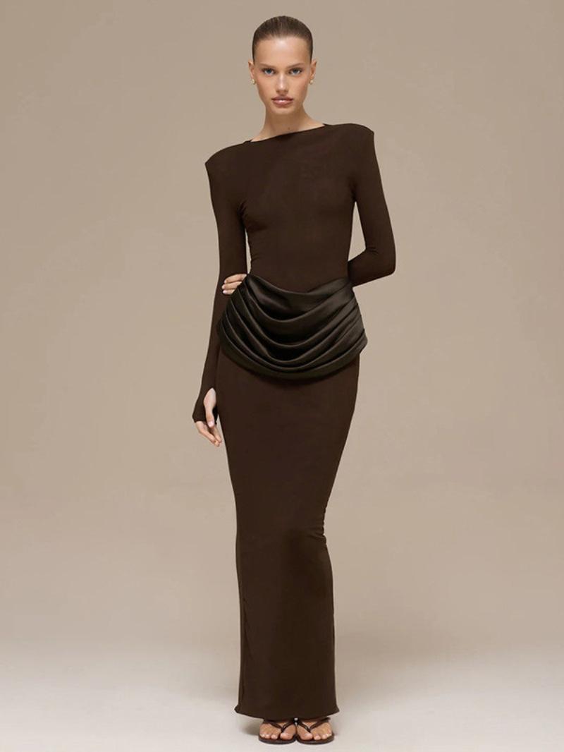 

European and American style autumn new solid color temperament celebrity style long-sleeved slim-fitting pleated hip-wrapped dress S коричневый