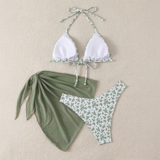 3-tlg./Set Damen Blumenmuster Bikini-Set Neckholder Gepolstert Ohne Bügel BH Schnelltrocknend Badehose Unifarben Überwurf Rock Set Sommer Strandmode