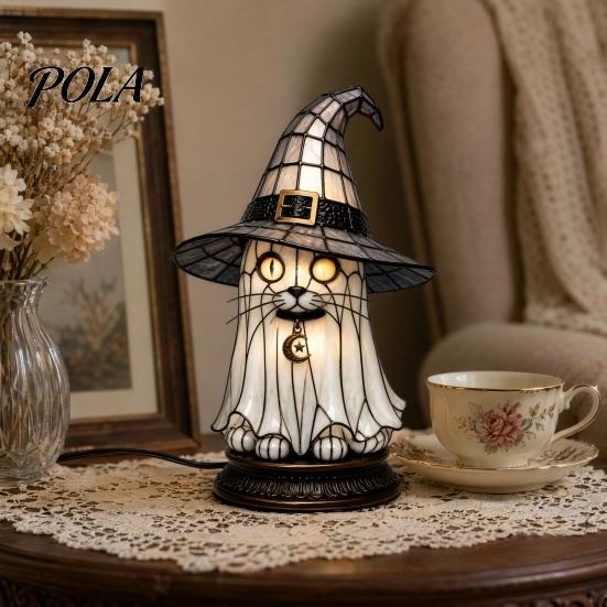 Decorative Bedside Lamp Stained Glass Witch Hat Lamp, Halloween Black Cat Ghost Raven Night Atmosphere Light for Movies Light, Gothic Retro