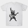 Men Black Print T-shirt Funny Cat Playing Guitar Rock And Roll Music No-Cut Transfer Paper Print Cotton Tshirt