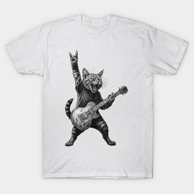 Men Black Print T-shirt Funny Cat Playing Guitar Rock And Roll Music No-Cut Transfer Paper Print Cotton Tshirt