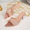 Fashion Fashionable Versatile High Heel Slippers Pointed Toe Rhinestone Decorated One-piece Strap Sandals Casual Elegant Ladies Shoes