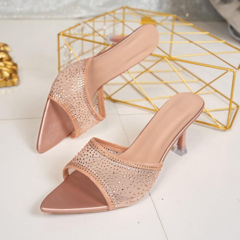 Fashion Fashionable Versatile High Heel Slippers Pointed Toe Rhinestone Decorated One-piece Strap Sandals Casual Elegant Ladies Shoes