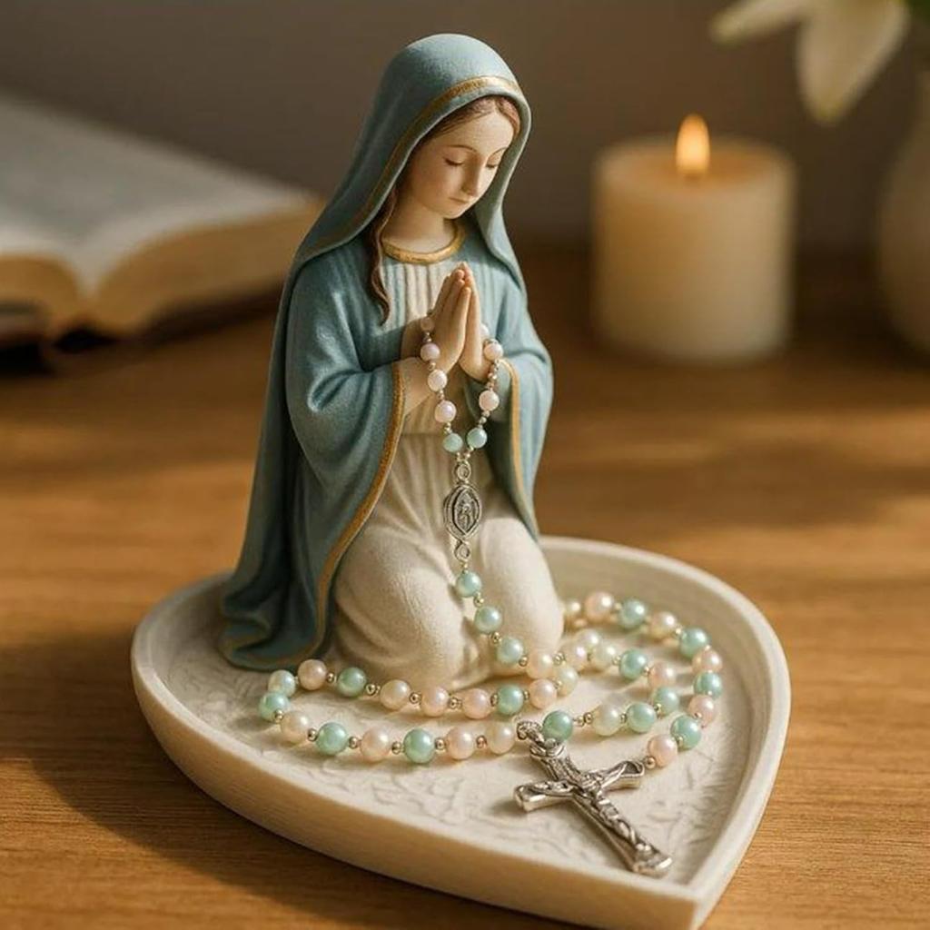 Virgin Mary Rosary Holder, Mary Praying Rosary Holder | Display Stand For Prayer Beads | Vintage Catholic Holders For Desktop Bookshelf