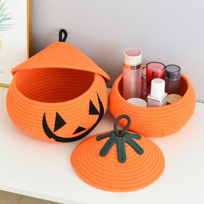 Halloweenský pletený dýňový košík s víkem Prázdný provazový pletený košík Košík na koledu nebo výhružku Nádoba na uskladnění dýně Nádoba na sladkosti a svačiny
