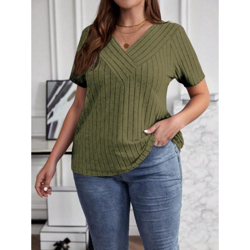 Summer Cross V-Neck Plus Size Short Sleeve Women Blouse Pit Strip Solid Color Top Fashion Loose Casual Elegant Simple T-shits Female Office Tee Shirts