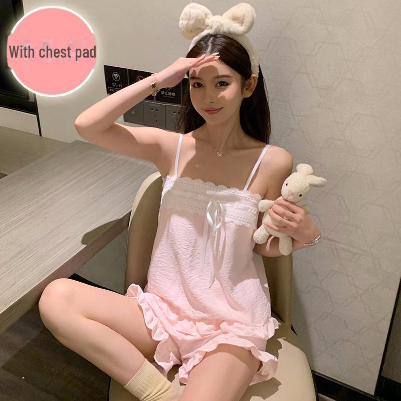 Kadın Yazlık Bulut Pamuklu Göğüs Pedli Pijama Takımı, Spagetti Askılı, Şortlu ve Seksi Saf Stil.