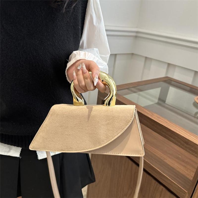 Luxury Velvet & Leather Handbag with Gold Sculptural Handle Chic Mini Crossbody Purse for Women Daily Gathering Formal Occasions
