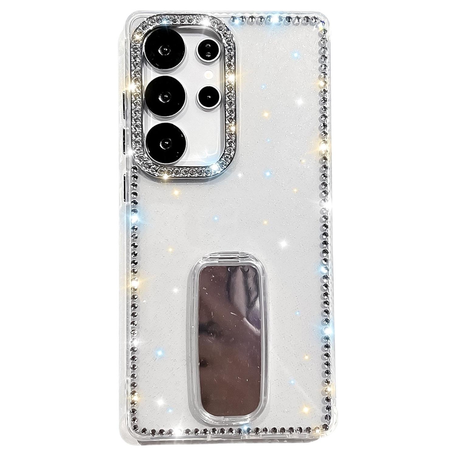 

For Samsung Galaxy S25 Ultra Case with Straight Mirror Kickstand Rhinestone Edge TPU+PC IMD Phone Cover Glitter Transparent