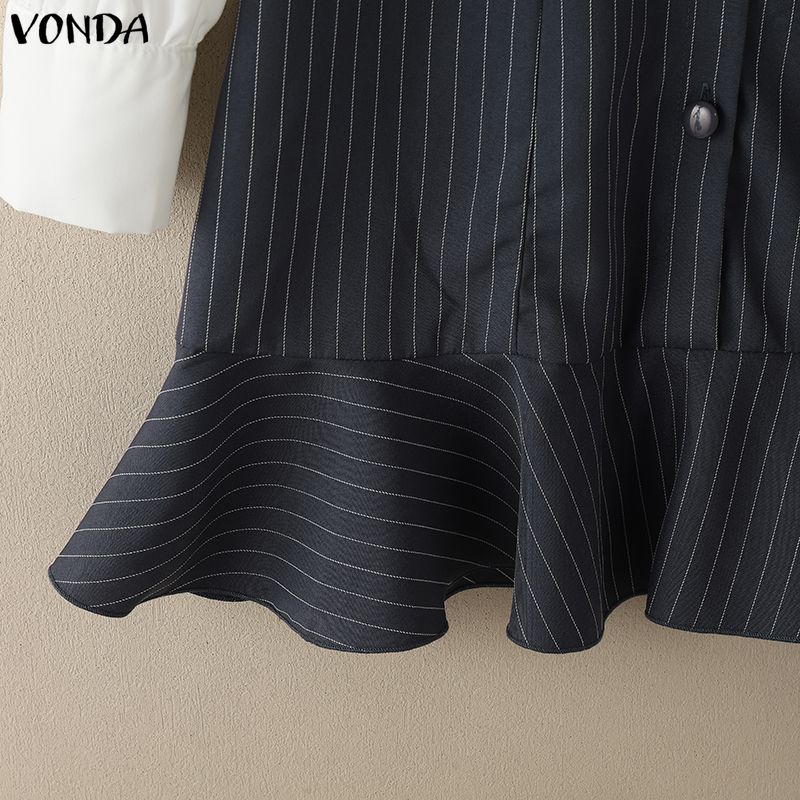 VONDA Womens Fake Two Piece Patchwork Long Sleeve Striped Casual Dress