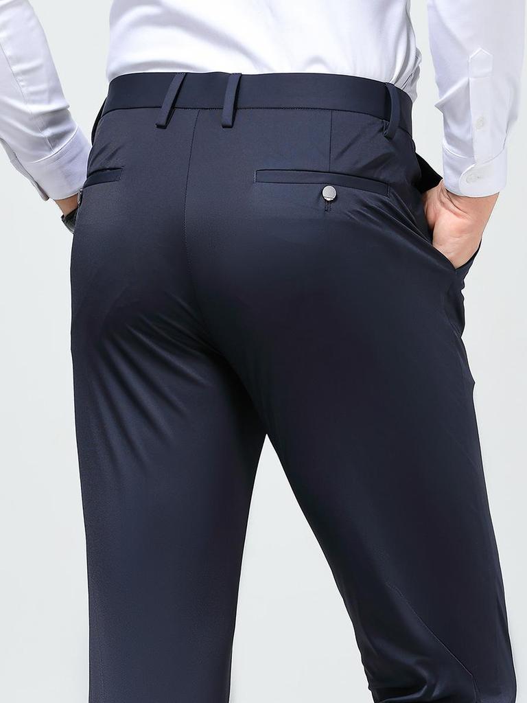 Men's Summer Casual Ice Silk Pants - Lightweight, Straight-Leg, High Elasticity Suit Trousers for Young and Middle-Aged