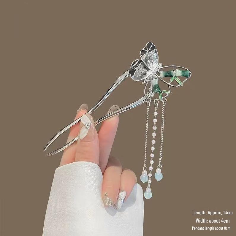 Épingle à cheveux vintage en forme de U avec pompon paon pour femmes - Épingle à chignon nacrée pour Cheongsam et Hanfu