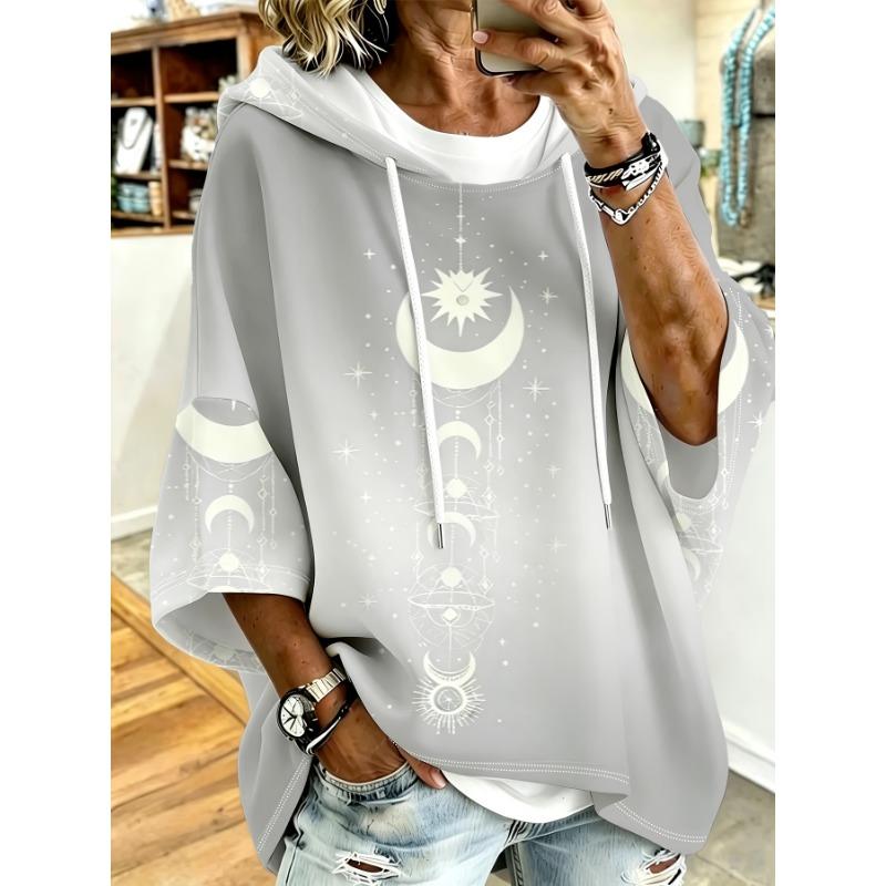 Plus Size Women's Short Sleeve Hooded Top, Blue Moon Star Print Loose Off Shoulder Hoodie