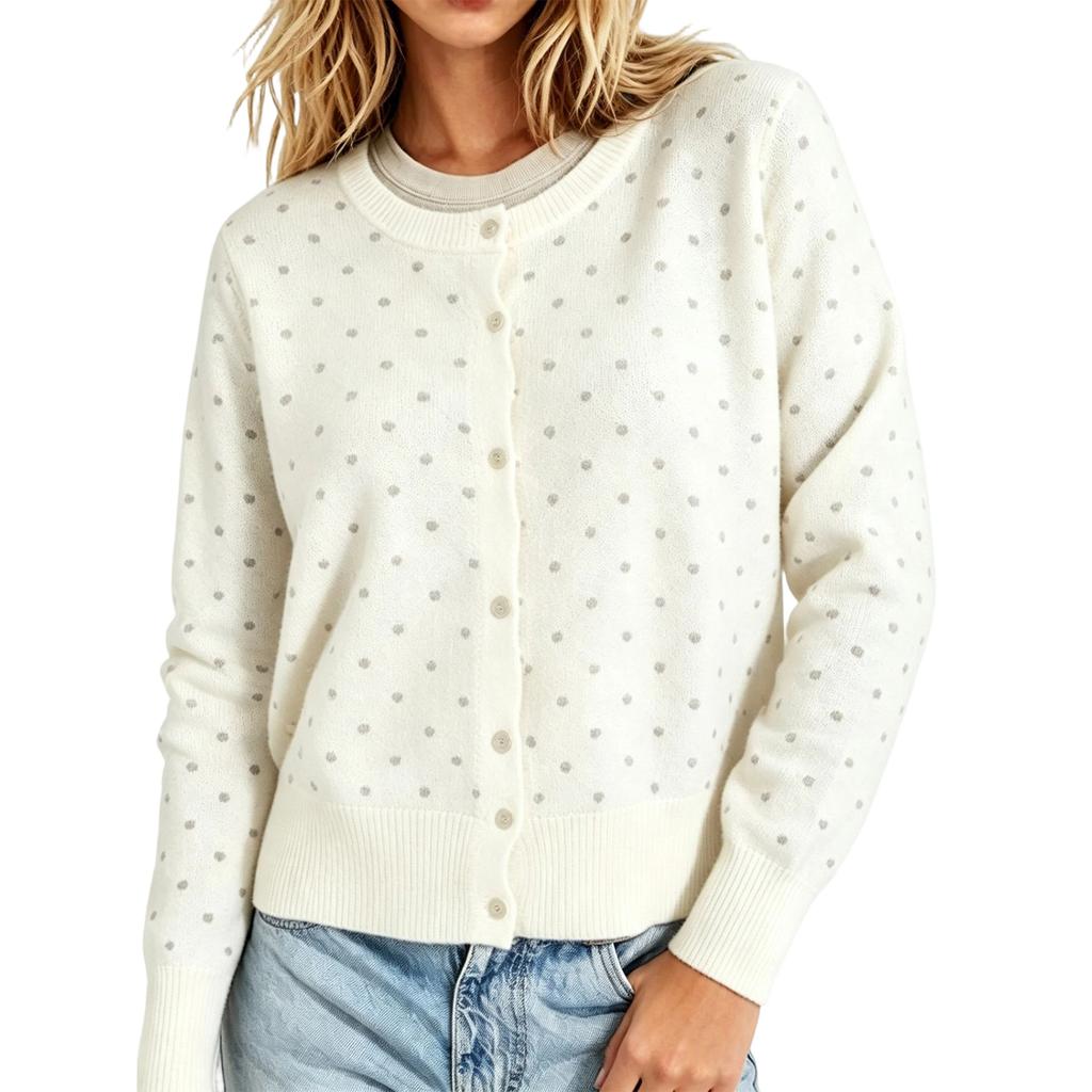 Women's Polka Dot Long Sleeve Knit Cardigan with Round Neck and Single-Breasted Buttons