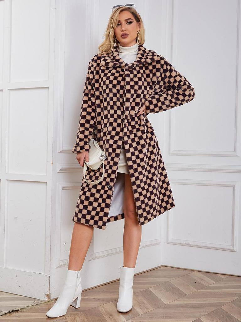 2022 New Women's Mid-Length Plaid Faux Fur Coat