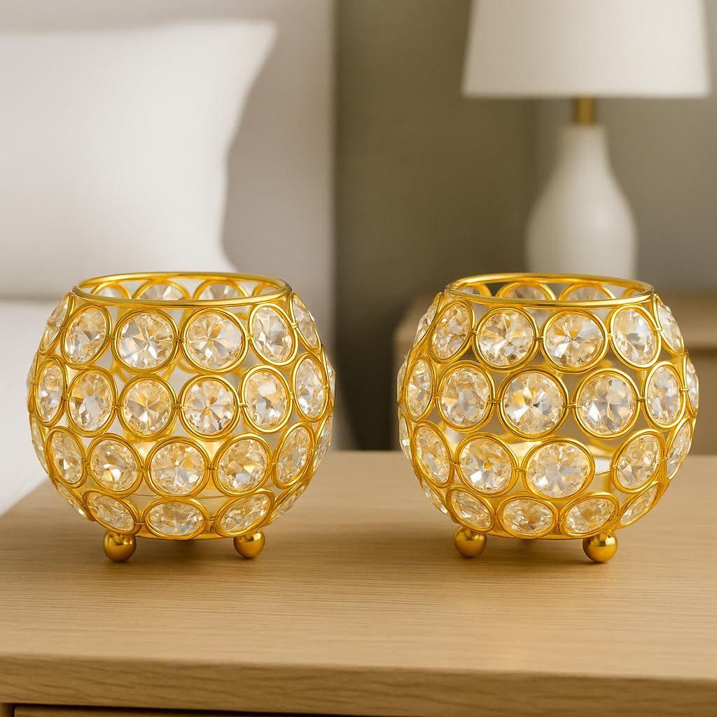 Pack of 2 Tea Light Crsytal Candle Holder - Pooja Diya Decoreation Items for Home Diwali Brass Puja Item Unique Christams Diwali Gift