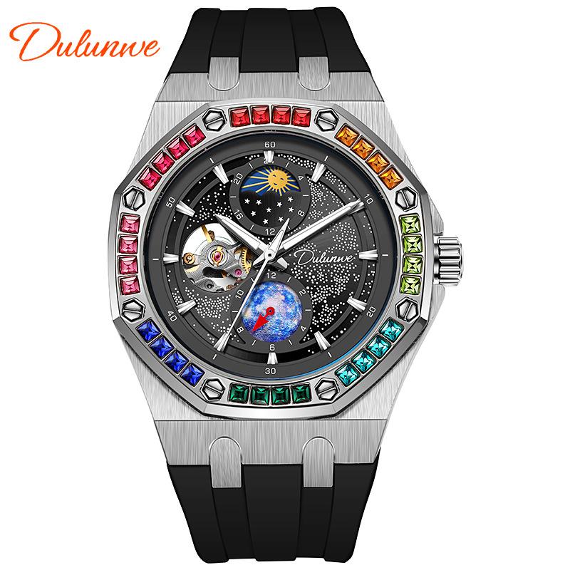 Rhinestone Set Bezel Design Men Automatic Steel Mechanical Watch Tourbillon Luminous Waterproof Men's Wrist Watch