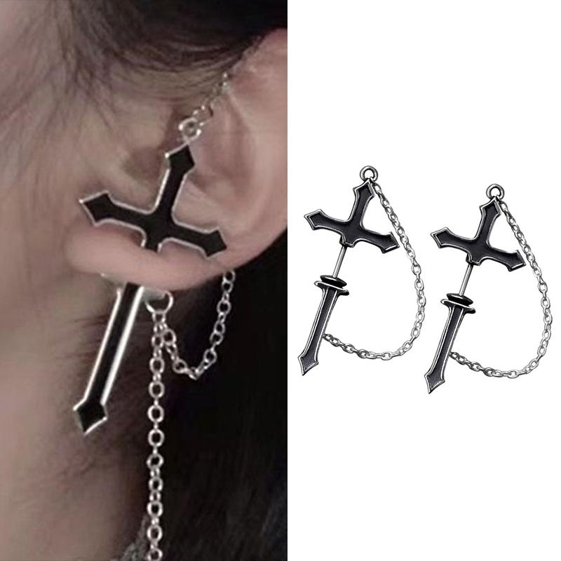 Punk Black Cross Drop Earrings For Teens Vintage Rock Pride Long Chain