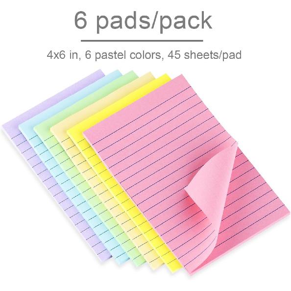 Lined Sticky Notes 4X6 in Pastel Ruled Post Stickies Colorful Super Sticking Memo Pads, 45 Sheets/pad, 6 Pads/Pack