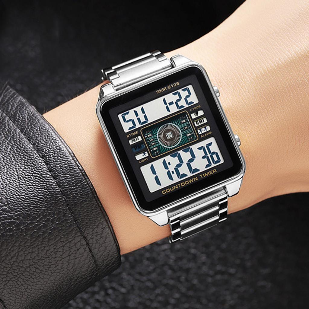 Digital Watch for Men Countdown Function Calendar Alarm Clock Waterproofing Stainless Steel Band LED Electronic Watch