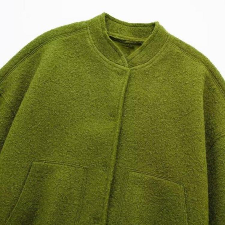 Autumn Winter Women Baseball Jacket Stand Collar Long Sleeve Casual Coat Solid Color Big Pockets Hidden Buttons