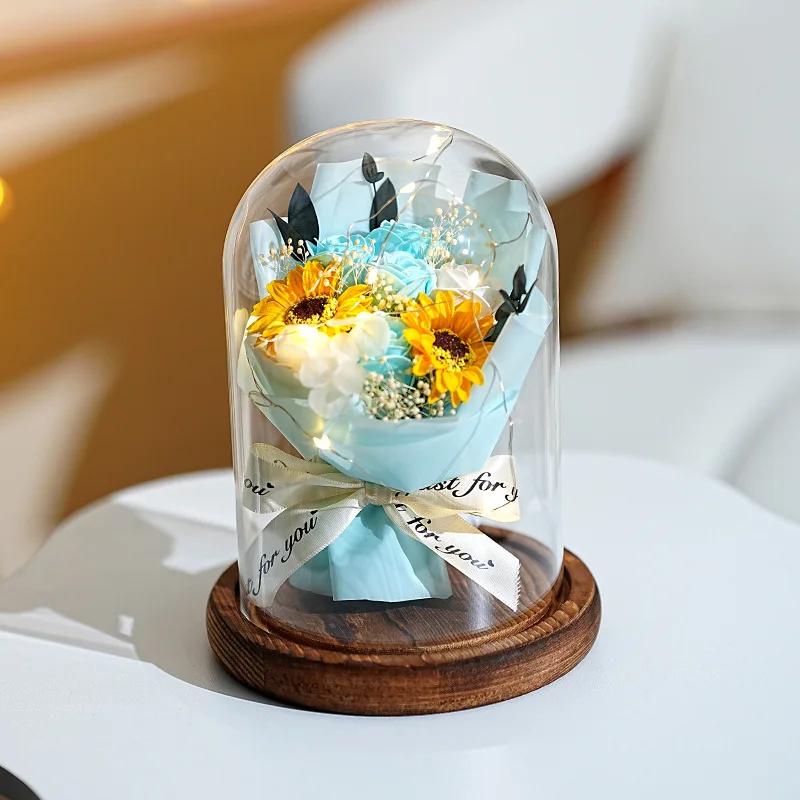 Real Dried Sunflower Bouquet with LED Light Real Eternal Roses Lamp Sunflower Glass Cover Graduation Valentine's Mother's Gift