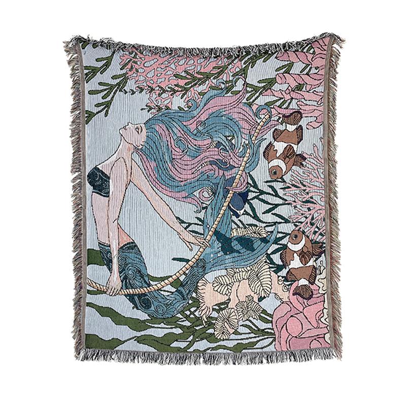 Jacquard Woven Throw Blanket Kids Adult Little Mermaid Blanket Rugs With Tassel