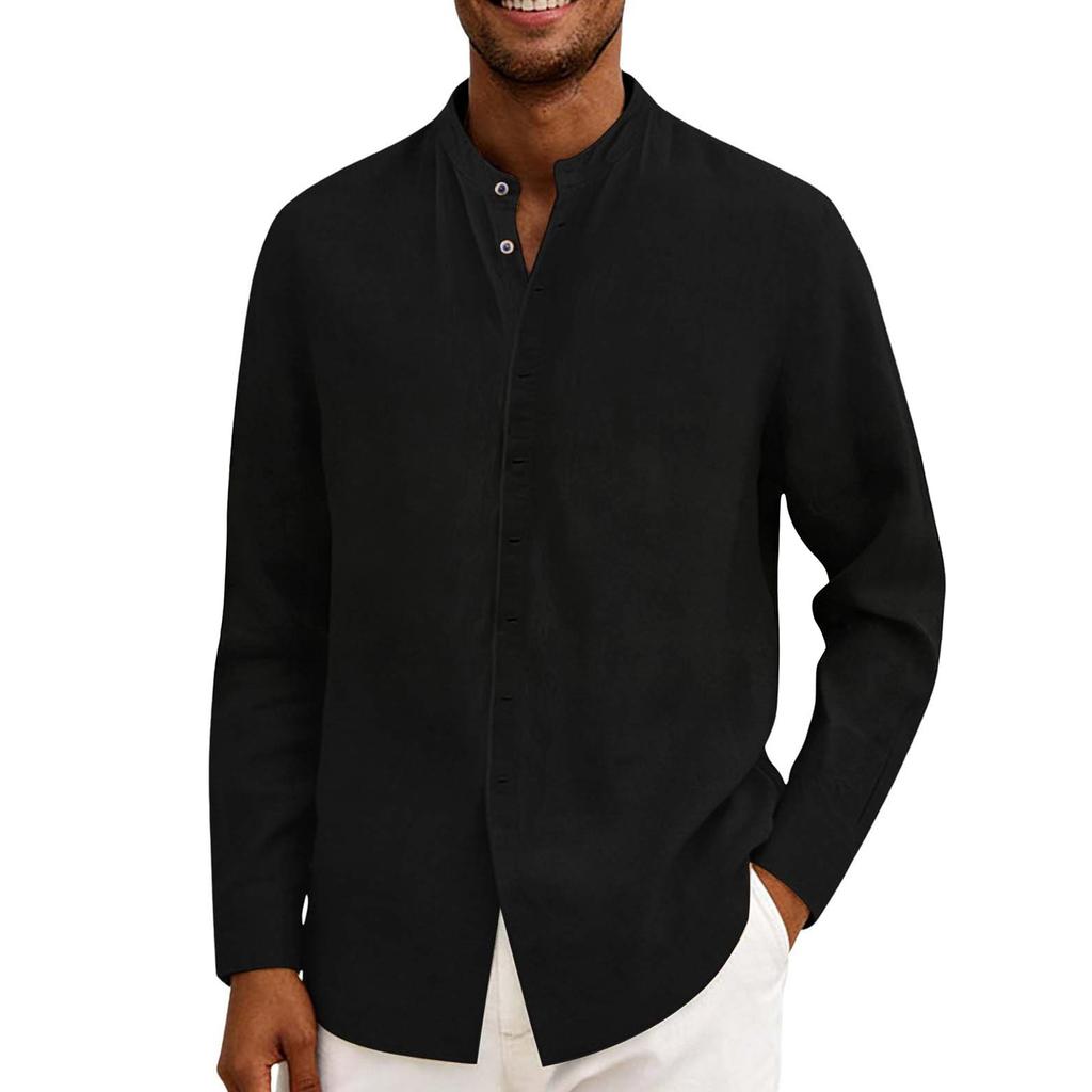 Men's Cotton And Linen Shirt, Pullover With Buttons, Short-sleeved Stand-up Collar Shirt