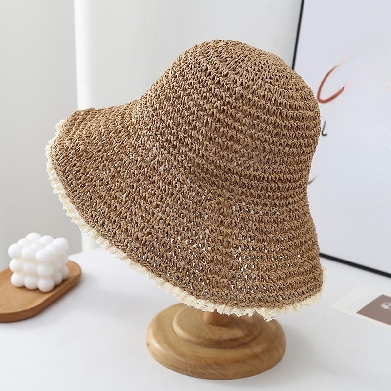 Women's Hat Summer Vacation Leisure Straw Sun Hat 2026 New Summer Light Lace Trim Pure Color Versatile Bucket Hat for Ladies