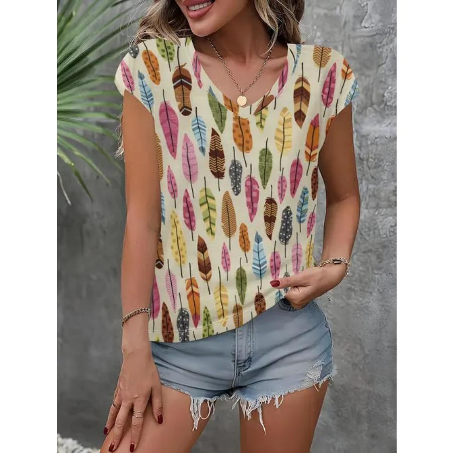 Camiseta vintage para mujer con estampado floral, manga corta, cuello en V, tops cómodos