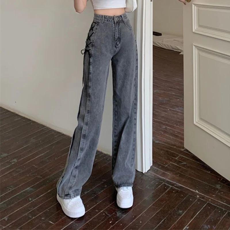Y2K Street Women Jeans Pants American High Waist Lace Up Chic Female Casual Pants Korean Vintage Ladies Wide Leg Trousers