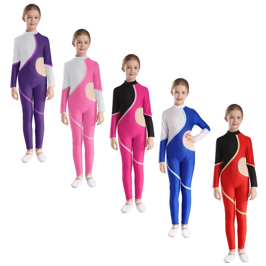 Dětské Dívky Krasobruslení Unitard Lesklý kombinéza s kamínky Dlouhý rukáv Kostým Gymnastika Taneční vystoupení