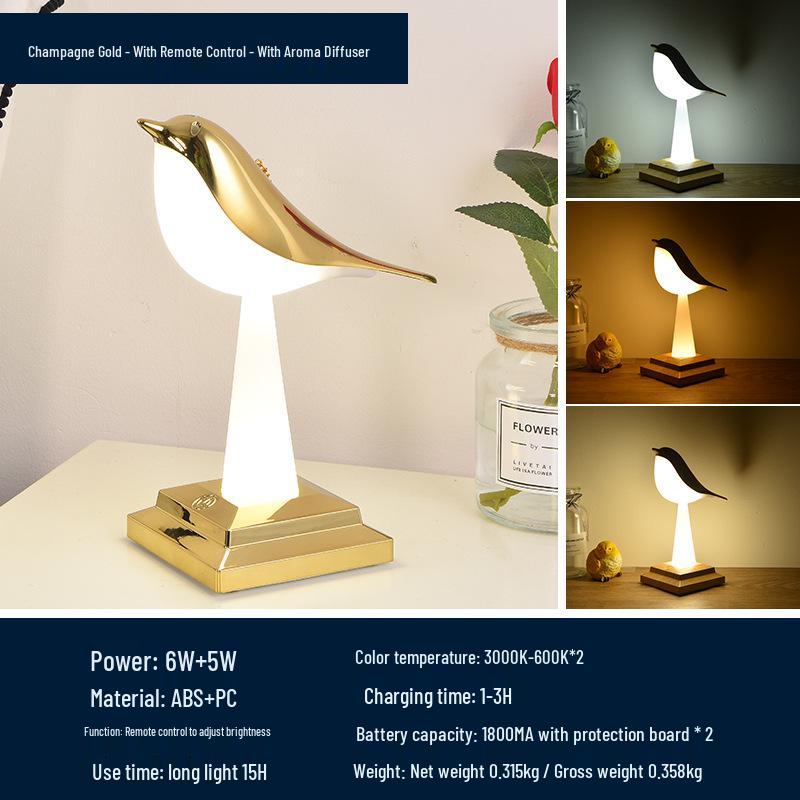 Net Celebrity Bird Aroma Desk Lamp: Creative Magpie Touch Rechargeable Decorative Night Light for Bedroom & Student Reading