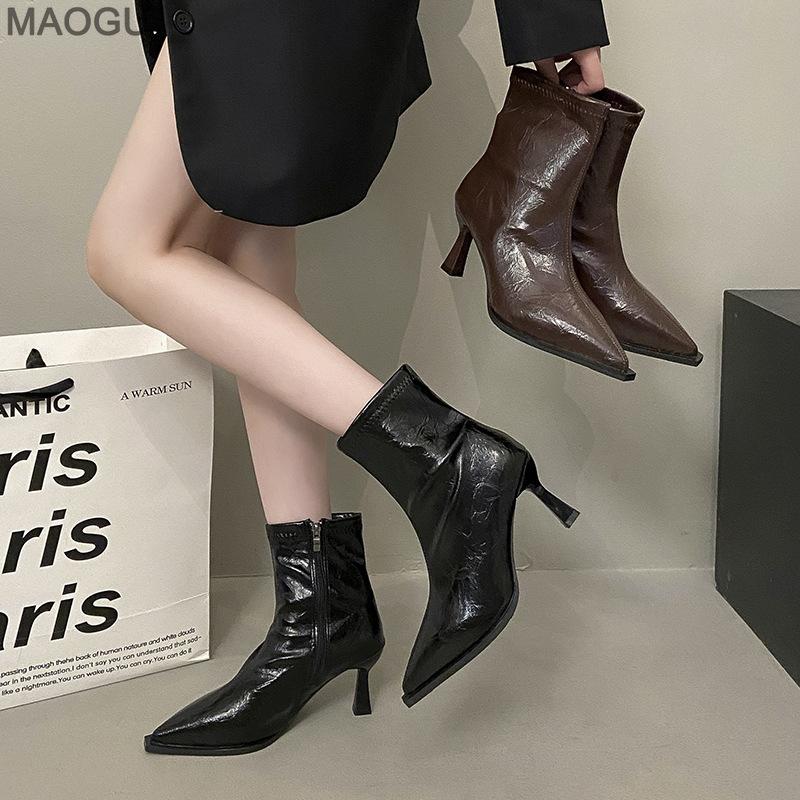 Side Zipper Pointed Toe Brown Short Boots for Women High Heel Ankle Boots Office Ladies Footwear Elegant Bottes Femmes Size35-40