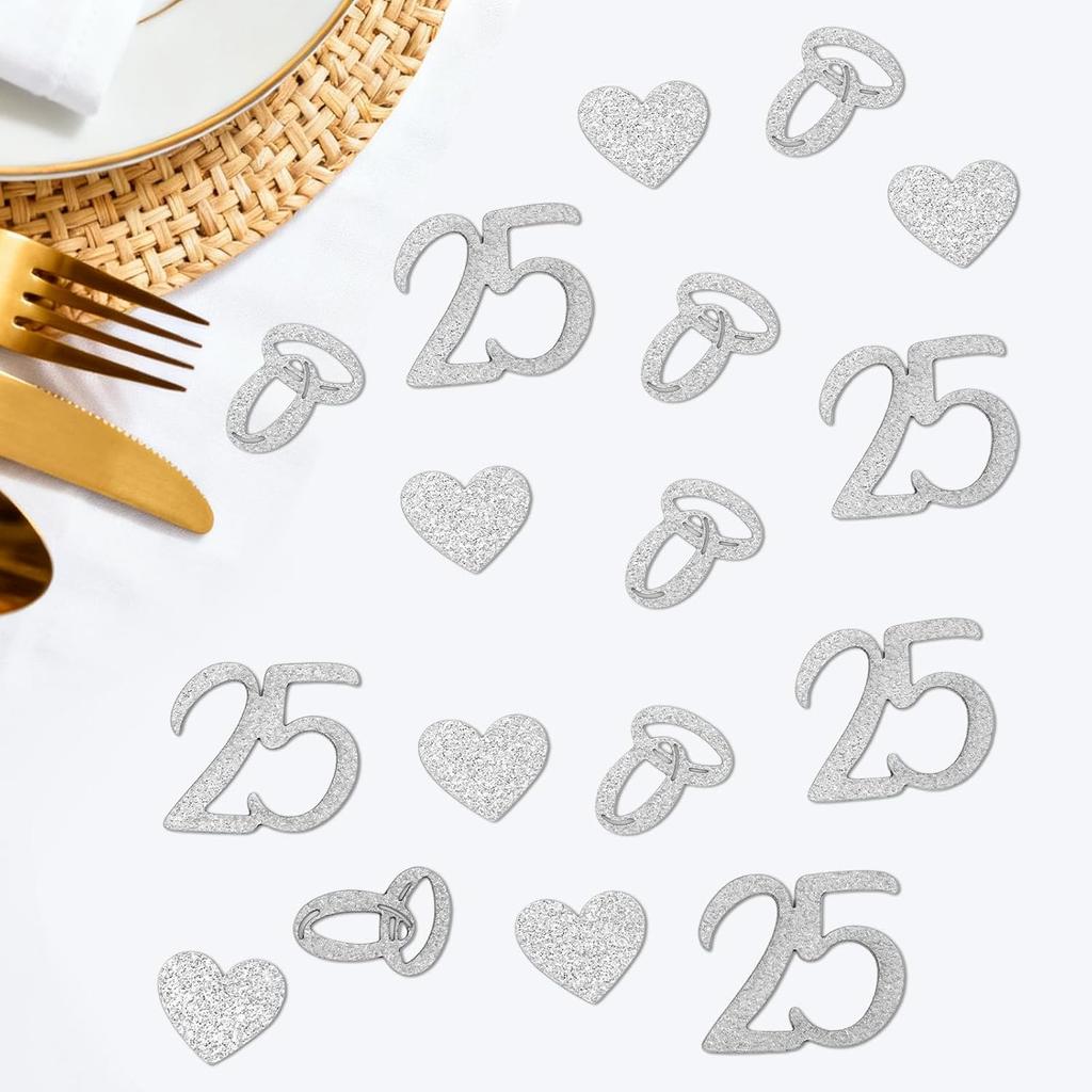 100pcs 25th Wedding Anniversary Confetti, Silver Glitter Table Scatter Decorations for 25th Anniversary Party Supplies